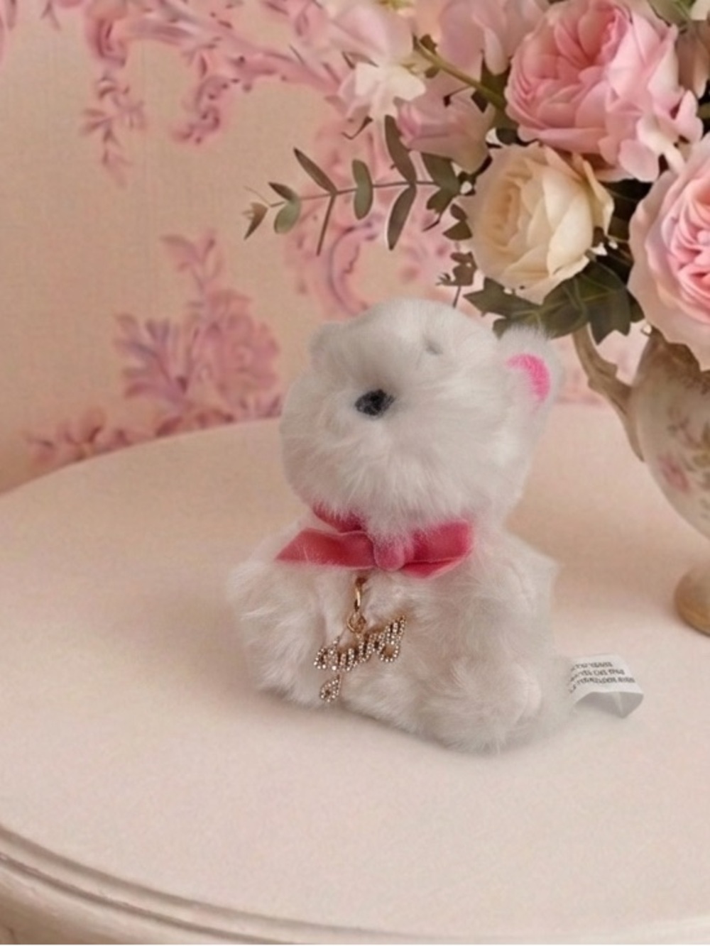 Juicy Couture White Plush Bear with Pink Velvet Bow and Gold Charm